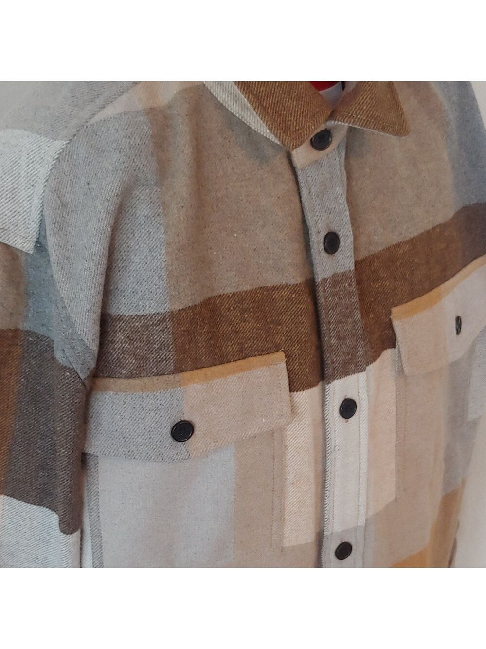 Men's Plaid Polyester Blend Button Shirt Brown, Tan, XL - Picture 5 of 15
